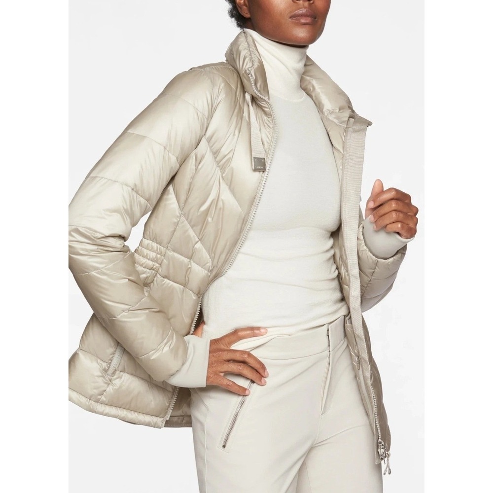 Athleta Women Taupe Gray Goose Down Puffer Jacket Chevron Quilt Cinched Waist LT